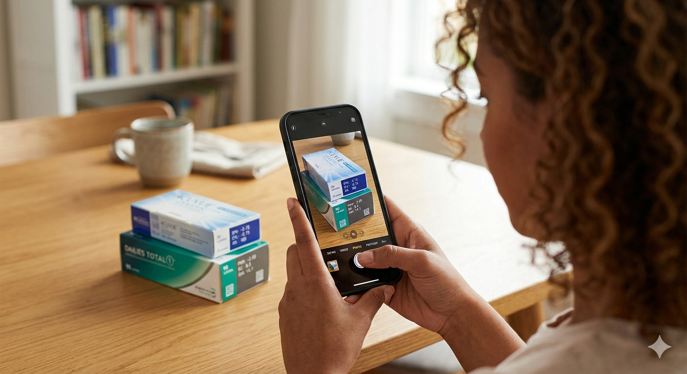 Person taking a photo of a vertical stack of contact lens packaging